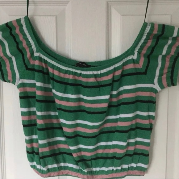 New Look Crop Top Off The Shoulder Bardot Green Short Sleeve Stripe Large UK 14 - Picture 4 of 7